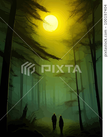 Spooky forest with full moon and floor. Without leaves and branches autumn. Design Halloween season. Vector illustration vertical poster. Horror wood, trees, night, fog, strange, terrible, terrible 100197404