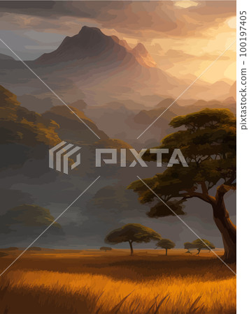 Wild savanna landscape. Savannah, African wilderness with acacia trees, grass, sand and water. Africa landscape panorama. Kenya National Park, vertical poster. Flat vector illustration 100197405