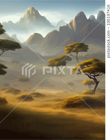 Wild savanna landscape. Savannah, African wilderness with acacia trees, grass, sand and water. Africa landscape panorama. Kenya National Park, vertical poster. Flat vector illustration Wild savanna landscape. Savannah, African wilderness with acacia trees, grass, sand and water. Africa landscape panorama. Kenya National Park, vertical poster. Flat vector illustration 100197416