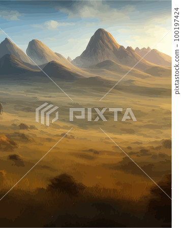 Wild savanna landscape. Savannah, African wilderness with acacia trees, grass, sand and water. Africa landscape panorama. Kenya National Park, vertical poster. Flat vector illustration Wild savanna landscape. Savannah, African wilderness with acacia trees, grass, sand and water. Africa landscape panorama. Kenya National Park, vertical poster. Flat vector illustration 100197424