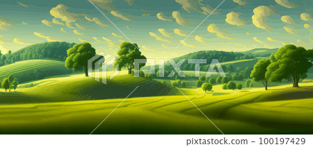 Vector illustration of beautiful summer fields Landscape with sunrise and single trees, green hill, bright blue sky, background in flat cartoon style banner. 100197429