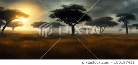African acacia row against twilight sky. Vector illustration banner landscape. Silhouette of packs in the high rise desert. African perspective in the evening with copy space. 100197431