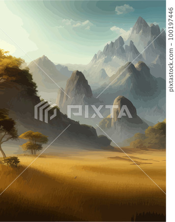 Wild savanna landscape. Savannah, African wilderness with acacia trees, grass, sand and water. Africa landscape panorama. Kenya National Park, vertical poster. Flat vector illustration 100197446