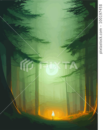 Spooky forest with full moon and floor. Without leaves and branches autumn. Design Halloween season. Vector illustration vertical poster. Horror wood, trees, night, fog, strange, terrible, terrible 100197458
