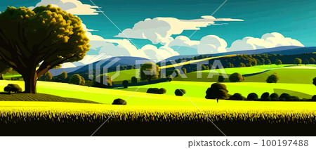 Summer landscape with meadow and trees , green grass . Vector cartoon illustration of a scene with trees, bushes, stones and sunlight. Spring woodland or nature park panorama Summer landscape with meadow and trees , green grass . Vector cartoon illustration of a scene with trees, bushes, stones and sunlight. Spring woodland or nature park panorama 100197488