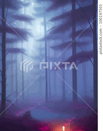 Spooky forest with full moon and floor. Without leaves and branches autumn. Design Halloween season. Vector illustration vertical poster. Horror wood, trees, night, fog, strange, terrible, terrible 100197503
