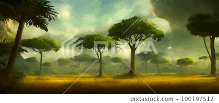 African savanna. Grass, acacia trees and river. Realistic vector landscape. African nature. Reserves and national parks. Banner vector illustration. Savanna landscape background African savanna. Grass, acacia trees and river. Realistic vector landscape. African nature. Reserves and national parks. Banner vector illustration. Savanna landscape background 100197512