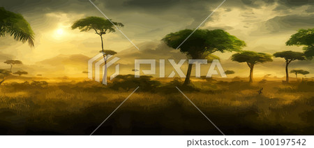 African savanna. Grass, acacia trees and river. Realistic vector landscape. African nature. Reserves and national parks. Banner vector illustration. Savanna landscape background African savanna. Grass, acacia trees and river. Realistic vector landscape. African nature. Reserves and national parks. Banner vector illustration. Savanna landscape background 100197542