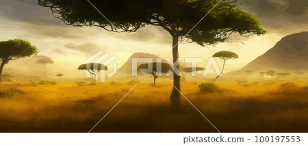 African savanna. Grass, acacia trees and river. Realistic vector landscape. African nature. Reserves and national parks. Banner vector illustration. Savanna landscape background African savanna. Grass, acacia trees and river. Realistic vector landscape. African nature. Reserves and national parks. Banner vector illustration. Savanna landscape background 100197553