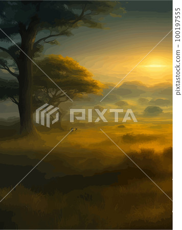 Wild savanna landscape. Savannah, African wilderness with acacia trees, grass, sand and water. Africa landscape panorama. Kenya National Park, vertical poster. Flat vector illustration Wild savanna landscape. Savannah, African wilderness with acacia trees, grass, sand and water. Africa landscape panorama. Kenya National Park, vertical poster. Flat vector illustration 100197555