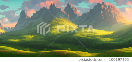 Panoramic view of big mountains, beautiful green meadows. Flat cartoon landscape with nature. Summer or spring landscape. Travel posters. Natural park or forest outdoor background with mountains Panoramic view of big mountains, beautiful green meadows. Flat cartoon landscape with nature. Summer or spring landscape. Travel posters. Natural park or forest outdoor background with mountains 100197563