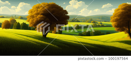 Green field, tree and blue sky. Gorgeous as background, web banner. Spring landscape in the countryside with a green meadow on the hills with blue sky, vector summer or spring landscape, panoramic Green field, tree and blue sky. Gorgeous as background, web banner. Spring landscape in the countryside with a green meadow on the hills with blue sky, vector summer or spring landscape, panoramic 100197564