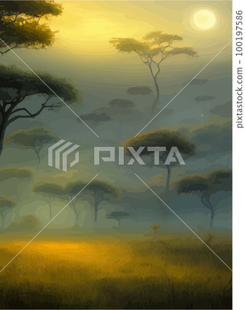 Wild savanna landscape. Savannah, African wilderness with acacia trees, grass, sand and water. Africa landscape panorama. Kenya National Park, vertical poster. Flat vector illustration Wild savanna landscape. Savannah, African wilderness with acacia trees, grass, sand and water. Africa landscape panorama. Kenya National Park, vertical poster. Flat vector illustration 100197586