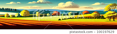 Spring green fields landscape with mountain and trees, blue sky cloud, panorama of peaceful rural nature in spring with green grassy ground. Cartoon vector illustration for spring and summer banner Spring green fields landscape with mountain and trees, blue sky cloud, panorama of peaceful rural nature in spring with green grassy ground. Cartoon vector illustration for spring and summer banner 100197629