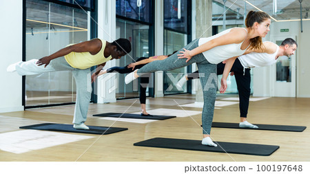 Sporty people practicing pilates at group class 100197648