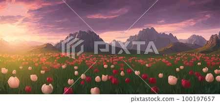 A field of tulips against the backdrop of mountains. Spring banner vector illustration. huge field of colorful tulips. Behind the field is a mountain range. Sunset. clouds of orange 100197657