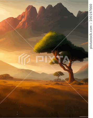 Wild savanna landscape. Savannah, African wilderness with acacia trees, grass, sand and water. Africa landscape panorama. Kenya National Park, vertical poster. Flat vector illustration Wild savanna landscape. Savannah, African wilderness with acacia trees, grass, sand and water. Africa landscape panorama. Kenya National Park, vertical poster. Flat vector illustration 100197660