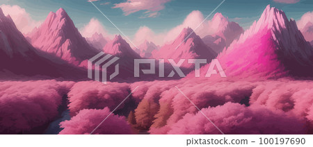 Beautiful pink mountain landscape, peaceful nature, background, banner, poster, set vector illustration, Scandinavian style landscapes, majestic nature background abstract modern landscape posters 100197690