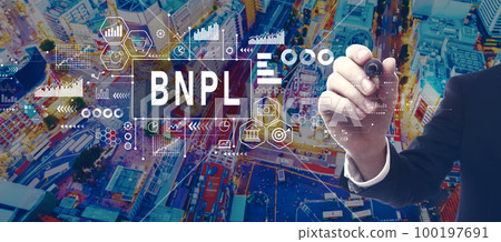 BNPL - Buy Now Pay Later theme with businessman in city at night 100197691
