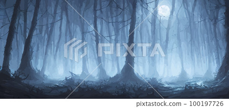misty forest. Dark tree silhouette. Tree tricks in the blue mist. Fog in the night forest vector illustration banner. Spooky forest with full moon and floor. Without leaves and branches of autumn. 100197726