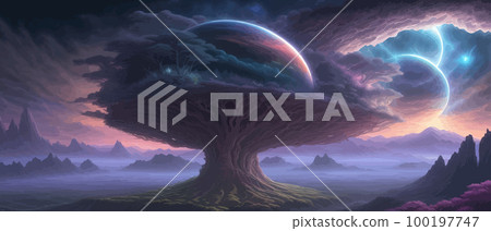 Surreal landscape with a tree and moons in the background. Giant floating. Abstract fantastic landscape. Transition to another world. Astrology Astronomy Earth Outer Space Solar System 100197747