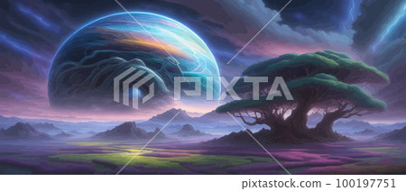 Surreal landscape with a tree and moons in the background. Giant floating. Abstract fantastic landscape. Transition to another world. Astrology Astronomy Earth Outer Space Solar System Surreal landscape with a tree and moons in the background. Giant floating. Abstract fantastic landscape. Transition to another world. Astrology Astronomy Earth Outer Space Solar System 100197751