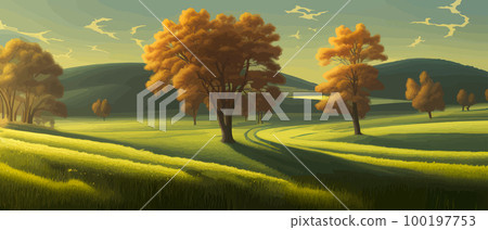 Vector illustration of beautiful summer fields Landscape with sunrise and single trees, green hill, bright blue sky, background in flat cartoon style banner. Vector illustration of beautiful summer fields Landscape with sunrise and single trees, green hill, bright blue sky, background in flat cartoon style banner. 100197753