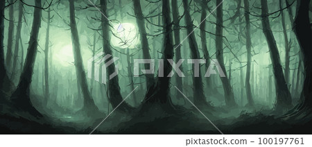 misty forest. Dark tree silhouette. Tree tricks in the blue mist. Fog in the night forest vector illustration banner. Spooky forest with full moon and floor. Without leaves and branches of autumn. 100197761