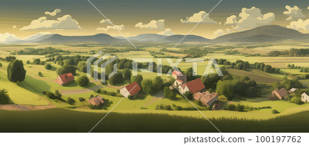 Morning in a village house on a hill and lush grass. Cartoon picture of rural scene in spring or summer, Rural landscapes - agricultural fields, green hills in spring vector Illustration 100197762