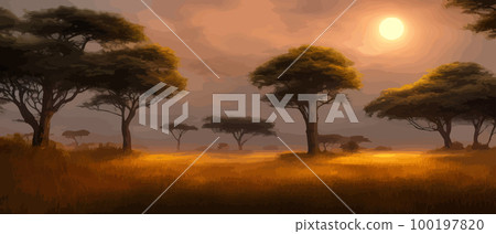 African acacia row against twilight sky. Vector illustration banner landscape. Silhouette of packs in the high rise desert. African perspective in the evening with copy space. 100197820
