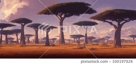 African trees. Hand drawn vector illustration Acacia nature, southern trees savannah greeting card, postcard, template. Grass, bushes, acacia trees mountains. African nature. Reserves national parks African trees. Hand drawn vector illustration Acacia nature, southern trees savannah greeting card, postcard, template. Grass, bushes, acacia trees mountains. African nature. Reserves national parks 100197826
