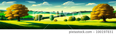 Spring green fields landscape with mountain and trees, blue sky cloud, panorama of peaceful rural nature in spring with green grassy ground. Cartoon vector illustration for spring and summer banner Spring green fields landscape with mountain and trees, blue sky cloud, panorama of peaceful rural nature in spring with green grassy ground. Cartoon vector illustration for spring and summer banner 100197831
