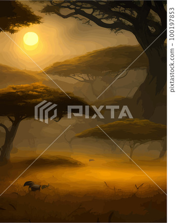 Wild savanna landscape. Savannah, African wilderness with acacia trees, grass, sand and water. Africa landscape panorama. Kenya National Park, vertical poster. Flat vector illustration Wild savanna landscape. Savannah, African wilderness with acacia trees, grass, sand and water. Africa landscape panorama. Kenya National Park, vertical poster. Flat vector illustration 100197853