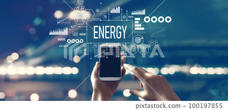 Energy theme with person using smartphone Energy theme with person using smartphone 100197855