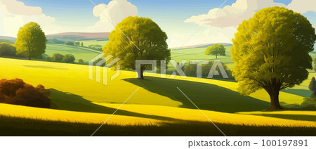 Green field, tree and blue sky. Gorgeous as background, web banner. Spring landscape in the countryside with a green meadow on the hills with blue sky, vector summer or spring landscape, panoramic Green field, tree and blue sky. Gorgeous as background, web banner. Spring landscape in the countryside with a green meadow on the hills with blue sky, vector summer or spring landscape, panoramic 100197891