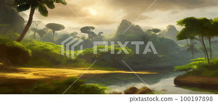 African rainforest. African jungle rainforest panorama with tropical vegetation, exotic fantasy landscape banner vector illustration. african savannah African rainforest. African jungle rainforest panorama with tropical vegetation, exotic fantasy landscape banner vector illustration. african savannah 100197898