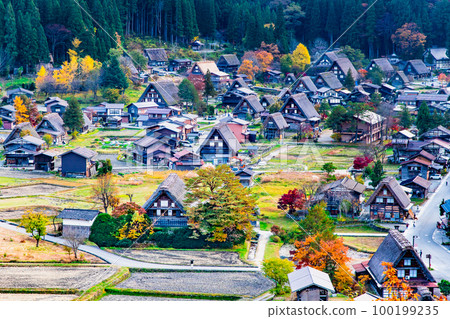 秋天的白川鄉，從荻町城蹟的瞭望台眺望 100199235
