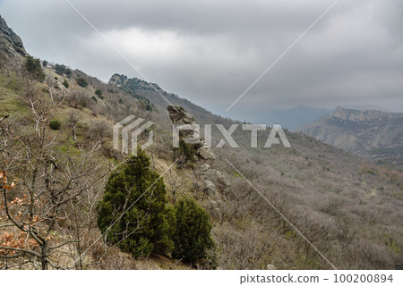 Landscape of Karadag Reserve in spring. View of different rocks. Crimea Landscape of Karadag Reserve in spring. View of different rocks. Crimea 100200894