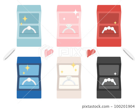 A set of illustrations of rings with gems in a ring case 100201904