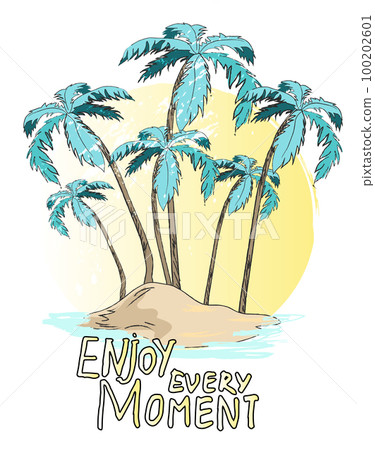 Poster with palms on the island and stylish lettering Enjoy every moment. Hand drawn tropic banner Poster with palms on the island and stylish lettering Enjoy every moment. Hand drawn tropic banner 100202601