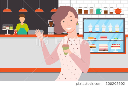 Woman Drinking Coffee in Eatery, Bakery Shop Cafe 100202602