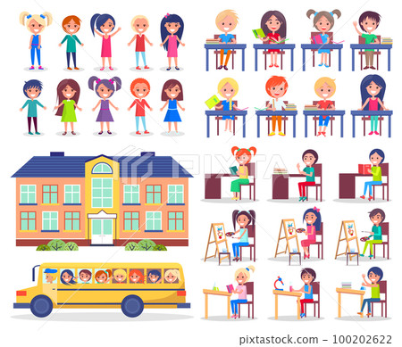 Back to school concept. Little children back to school and studying at classroom. Kids sit at their desks 100202622