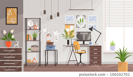 Workplace modern design in living room. Office, studio, cabinet or home workspace interior 100202701