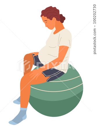 Pregnant woman sits on fitness ball with head bowed. Relaxation exercises for pregnant women Pregnant woman sits on fitness ball with head bowed. Relaxation exercises for pregnant women 100202730