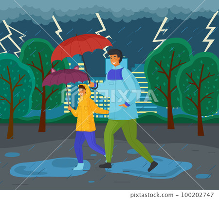 Father and daughter with umbrellas together on a rainy autumn day running through the puddles Father and daughter with umbrellas together on a rainy autumn day running through the puddles 100202747