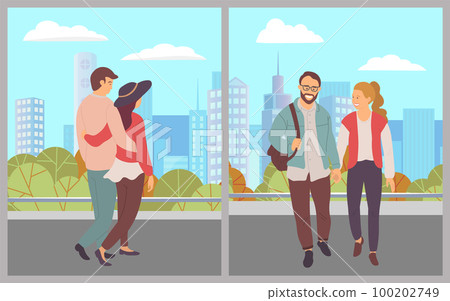 Couple of girl and guy walking in urban park, people walk at nature hugging each other holding hands Couple of girl and guy walking in urban park, people walk at nature hugging each other holding hands 100202749