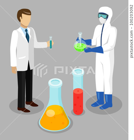 Scientists working with toxic liquid in flasks, working laboratory assistants holding test tubes 100203092