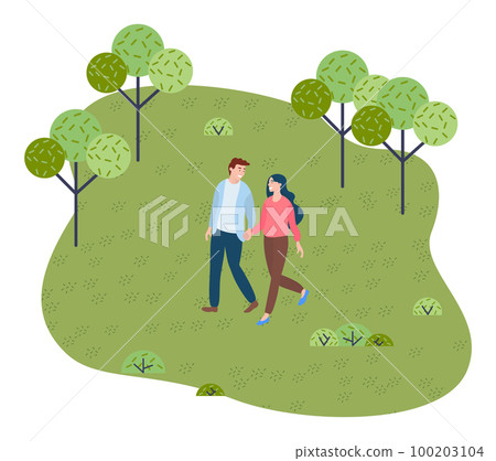 Young couple walks in park holding hands.... - Stock Illustration ...