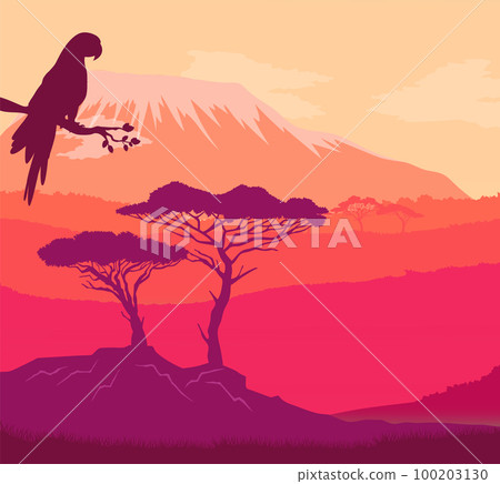 Natural landscape background with mountains, clear sky, trees and a bird sitting on a tree branch Natural landscape background with mountains, clear sky, trees and a bird sitting on a tree branch 100203130