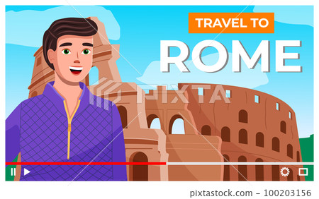 Vector video player interface. Screensaver of interview of a young guy about Rome. Traveling blog 100203156